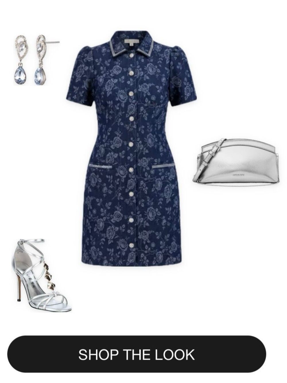 Eliza J Size 10 Denim Floral Shirt Dress Blue Rhinestone Button Front Mini - Picture 4 of 12